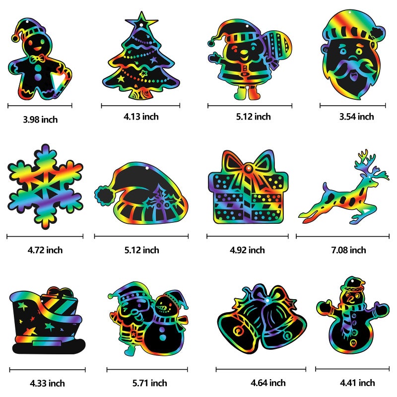 Max Fun Christmas Crafts Scratch Art for Kids, 96PCS Ornaments Rainbow Magic Color Scratch Off Cards Paper Hanging Art Craft Supplies Educational Toys Kit for Kid Party Favor - Image 4